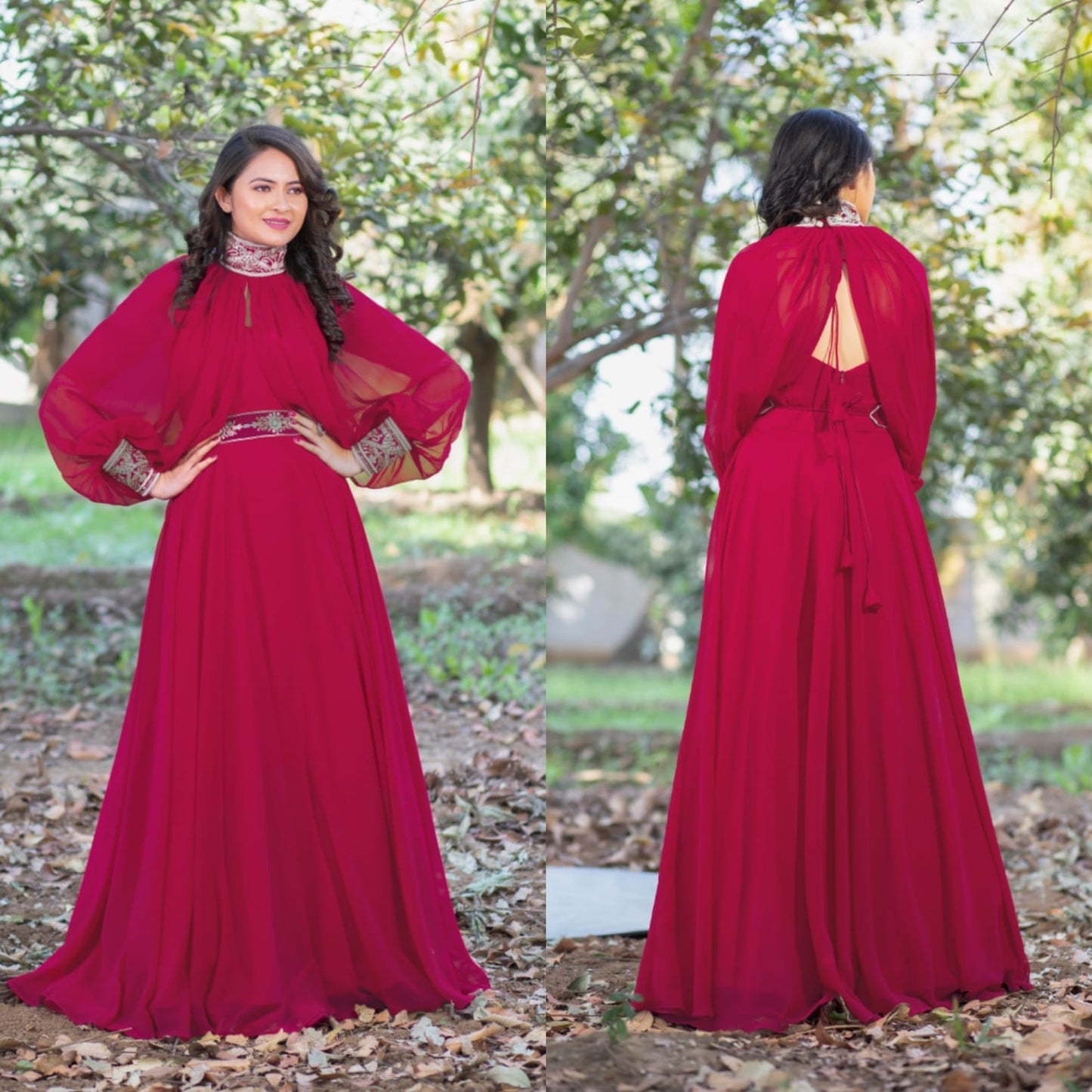 Mustard Leaf Print Poncho Style Floor Length Anarkali Gown with Belt –  Seasons Chennai